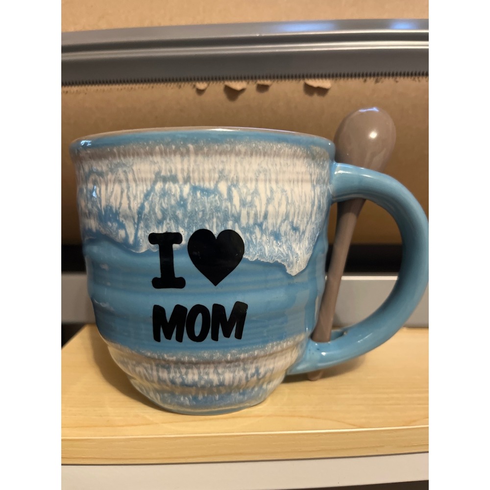 Hand Crafted I Heart Mom Blue Drip Glaze Ceramic Coffee Mug with Matching Spoon‎